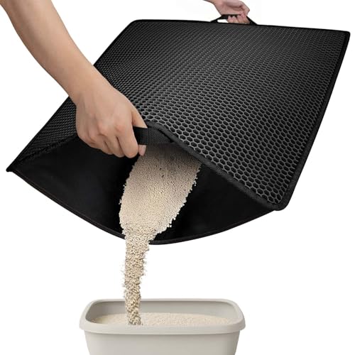 Conlun Tapete gatos areia com alças, design de camada dupla em forma de favo para controlo de espalhamento, tapete areia gato (preto, 76 x 54,5 cm)