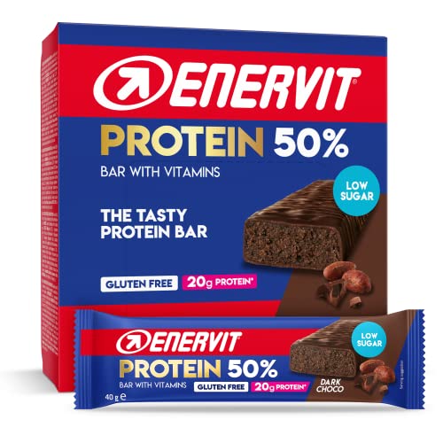 Enervit Barrinha protetora 50% chocolate escuro, 20 g de proteínas, baixa em açúcar, com vitamina D e B6, sabor chocolate preto, para recuperação após o desporto, sem glúten, 12 barras de 40 g