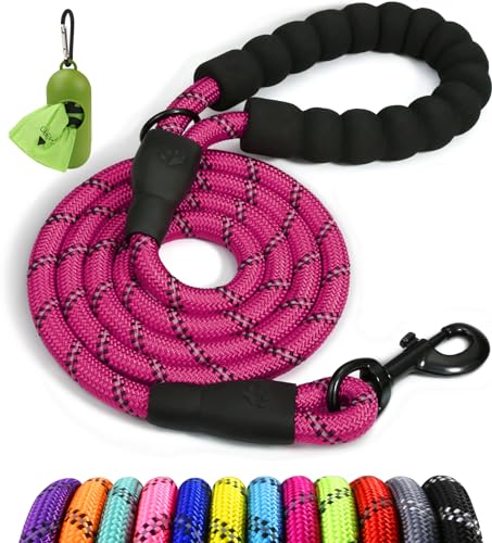 Taglory Trela de cão, trela forte de cão para cães médios e grandes com cabo acolchoado macio e fios refletores, 1,5 m x 1,2 cm, fúcsia