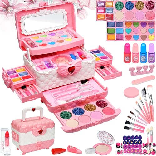 Maquilhagem infantil para meninas - maquilhagem segura e lavável para crianças, kit de maquilhagem para meninas, caixa de maquilhagem para meninas, presentes de aniversário de princesas para meninas