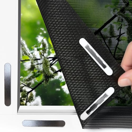 EASYmaxx Rede mosquiteira anti-pólen para janelas com Magic Click, cortada à medida para todas as janelas, até 150 x 130 cm, fácil instalação com 12 ímanes - sem perfurar nem aparafusar [preto]