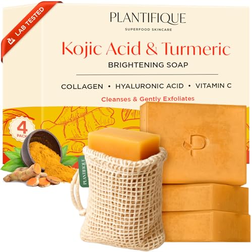 PLANTIFIQUE Kojic Acid Soap Sabonete de curcuma e ácido kojico, 4 barras de sabão facial para manchas, com vitamina C ácido hialurónico e colágeno, Turmeric Soap 320 g