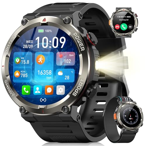 Blackview Relógio inteligente homem com lanterna e bússola, 1,45" Smartwatch com chamadas Bluetooth, pulsómetro, oxímetro de sono, podómetro, 100 modos desportivos, bateria grande de 960 mAh