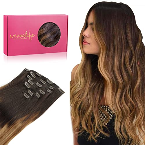 WENNALIFE Clipe de cabelo natural Extensões de grampo, 35 cm, 120 g, 7 peças, castanho-escuro a castanho e loiro sujo destacado extensões de cabelo Remy extensões cabelo postiços mulher