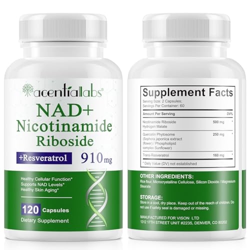 Suplemento de NAD, ribosida de nicotinamida (NAD), 910 mg de potenciador de NAD, energia celular e antienvelhecimento. Vegan, seguro e sem OGM (1 peça)