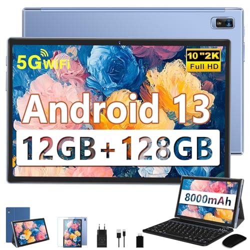 fezawio Tablet de 10 polegadas, tablet Android 13, 2,0 ghz, oito núcleos, 12 GB de Ram 128 GB de ROM, TF 512 GB, Bluetooth 5.0, reconhecimento facial, teclado capa de couro rato, azul