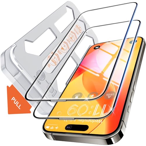 Tentoki Protetor de ecrã para iPhone 15 Pro, alinhamento automático para instalação rápida, [2 peças] vidro temperado, [Dureza 9H][alta definição]