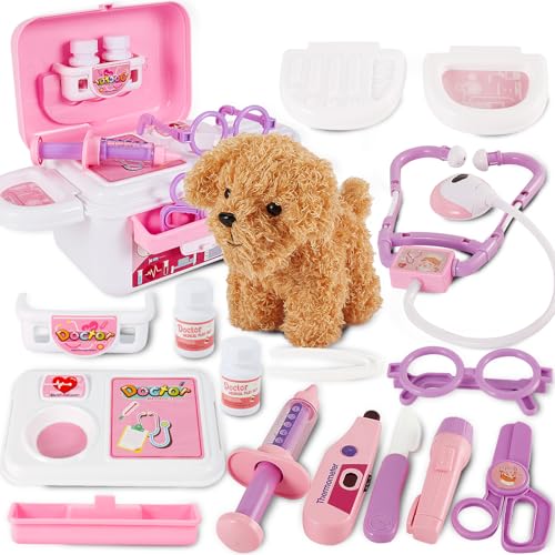 HYAKIDS Pasta veterinária brinquedos, kit veterinário brinquedo com cães, dramatização, presentes educativos para meninos e meninas 3 4 5 anos