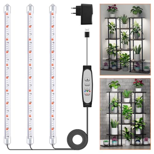 3 barras de luz para cultivo de plantas, candeeiro de luz solar de espectro completo com temporizador 6/12/18H, 5 níveis reguláveis para suculentas, prateleira para plantas, armário baixo
