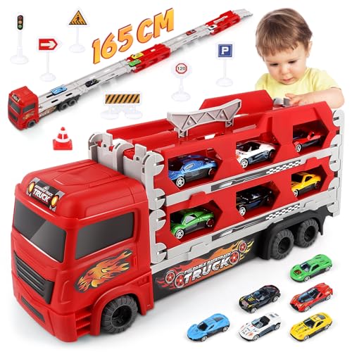 Aoskie Transporte Truck carro de brinquedo para crianças de 3, 4, 5, 6 anos, portátil de corrida com 6 carros de corrida, jogo de brinquedos para crianças