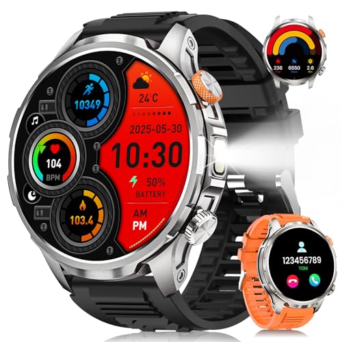 Relógio inteligente homem militar com 1000 mAH/LED lanterna, 1,91"AMOLED Smartwatch homem com chamadas, 5 ATM impermeável/110 modos desportivos/SpO2/pulsómetro, pulseira atividade para Android iOS