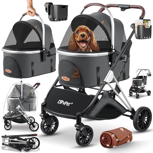 LOVPET® Carrinho para cães e gatos 3 em 1 carrinho dobrável | bolsa de transporte 360° rodas grandes | transporte para animais de estimação, rede e cobertura para chuva, Jogger
