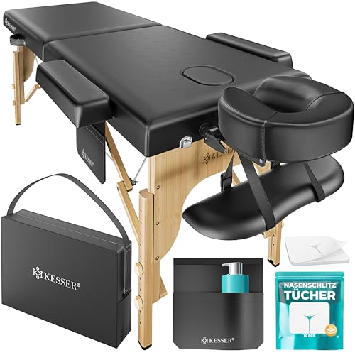 KESSER® Maca de massagem móvel com pés de madeira, dobrável e ajustável em altura, 2 zonas, mesa de massagem, mesa de massagem, espreguiçadeira larga, apoios de cabeça e apoios de braços, inclui bolsa