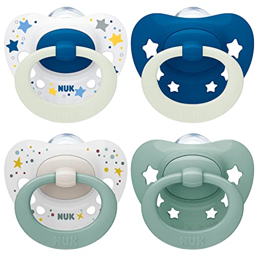 NUK Signature Day & Night chupeta | 0-6 meses | 95% dos bebés | Chupetes de silicone sem BPA em forma de coração, brilha no escuro, estrelas, 4 unidades