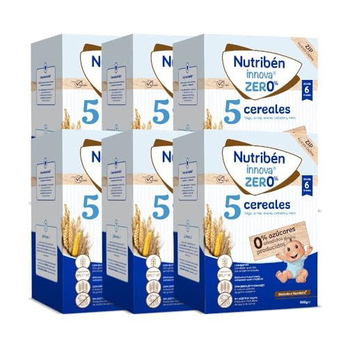 Nutribén innova ZERO 0% 5 cereais, 3000 g, trigo, arroz, aveia, cevada e milho, bebés a partir de 6 meses, 0% açúcares adicionados e produzidos, cereais integrais, pack de 6 unidades