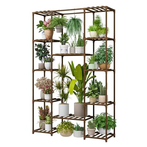 Bamworld Suporte para plantas mega estantes para plantas de exterior e interior prateleira para pendurar várias plantas, jardim de madeira alta para sala de estar, pátio, varanda, jardim, castanho