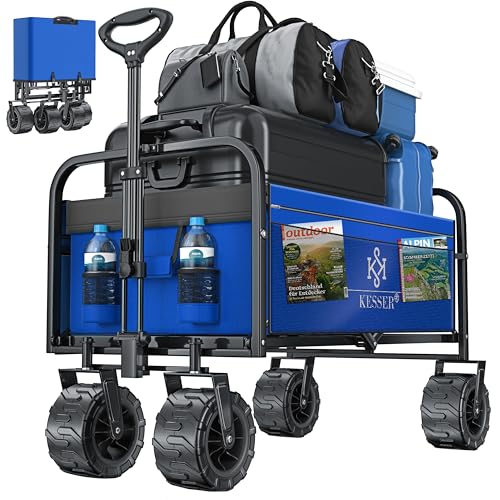 KESSER® Carrinho dobrável com rodas largas, transporte de mão | 2 sacos de rede | dobrável | pneus de borracha maciça | carrinho de jardim azul/cinzento