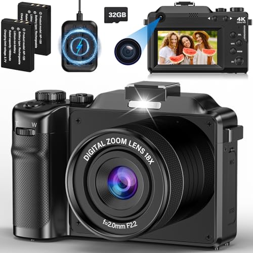 Câmara digital 4K, 64 MP Autofocus câmara de fotos, 18 X câmara fotográfica compacta de 3 polegadas Vlogging câmara com 32 G leitor carregador de bateria e 2 baterias para iniciantes