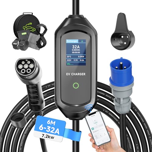 AFYEEV Carregador de carro elétrico, 7,2 kW/6 m, carregador de carro elétrico tipo 2, com corrente regulável 6A/8A/10A/13A/16A/20A/24A/32A, EV Carregador tipo 2, IEC 62196-2 com Saco