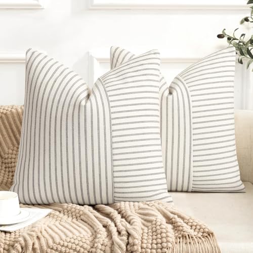 YCOLL Conjunto de 2 fronhas 55 x 55 algodão linho fronha almofada sofá almofada riscas almofada decorativa boho fronhas de almofada decorativas para sofá sala de estar quarto exterior almofadas 55 x