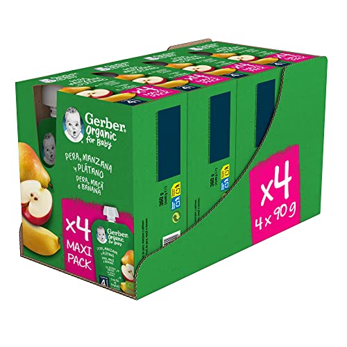 GERBER Pera orgânica maçã banana, bolsa puré de fruta para bebés, 4 pacotes de poupança de 4 x 90 g, a partir de 4 meses