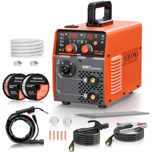 FEIFANKE Soldador de fio sem gás 230 V 145 A soldador inversor MIG MAG 4 em 1 sem gás MIG/MIG/MMA/Lift TIG máquina de soldar Synergy IGBT adequado para aço carbono e ferro de 1,0 - 4, 8 mm