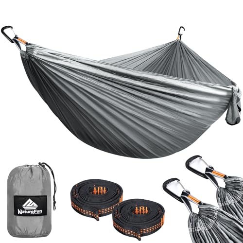 NATUREFUN Rede ultraleve para campismo (300 x 200 cm), 300 kg de capacidade de carga, estilo para-quedas de nylon, respirável e de secagem rápida, 2 mosquetões premium, 2 ranhuras de nylon incluídas