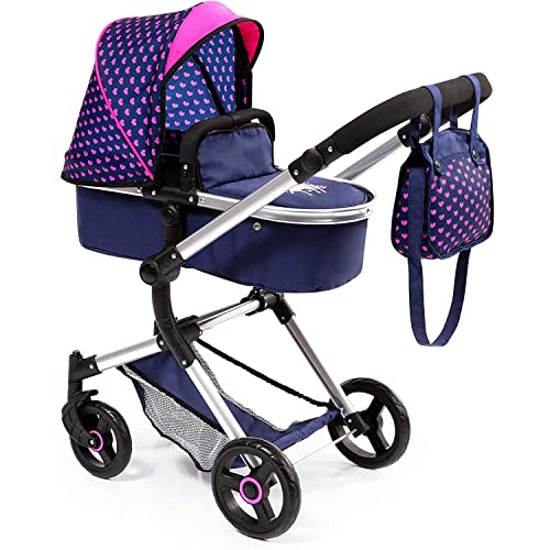 Bayer Design 18454AA Carrinho para bonecas Neo Vario com bolsa trocador e cesta de compras, conversível em carro desportivo, altura ajustável, moderno, azul com padrão de unicórnio e coração