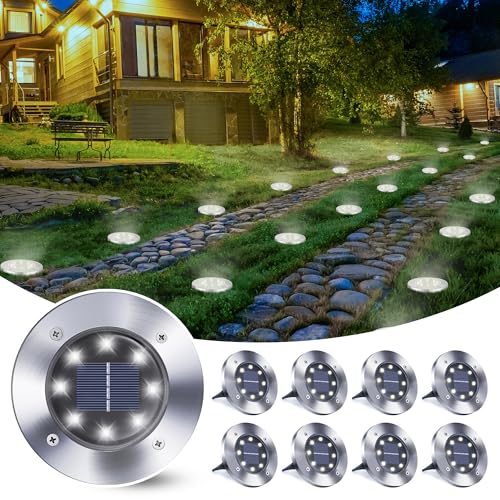 Qedertek 8 Pack de luz solar exterior jardim 8 LED luzes solares de terra, lâmpada solar exterior IP65 impermeável branco luzes solares para relva, pátio, caminho, degrau, entrada de garagem