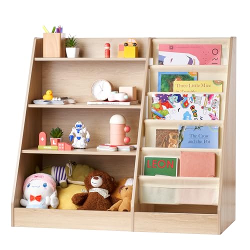 VEVOR Prateleira de madeira para crianças de 4 níveis livraria com estilingue de seis camadas estante para livros para armazenamento armário organizador de brinquedos para livros para quarto de