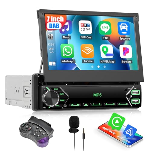 Wireless: Cabeceira rádio para carro Bluetooth 1 DIN com Wireless Carplay, Android Auto, Mirrorlink et Dab +, ecrã tátil retrátil com FM/USB/Type-C