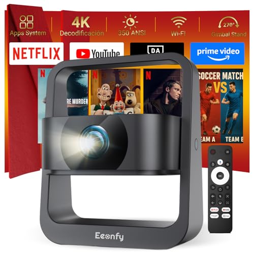 [App integrado] Projetor portátil Eeenfy, projetor de TV com 350ANSI, suporte 1080P, E-Focus/Keystone, projetor WiFi Bluetooth, projetor vídeo 4K suporte para cinema em casa, melhoria 2025, preto