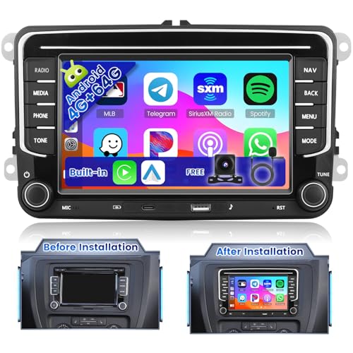 Ohradio Android 15 4G + 64G rádio carro para VW Golf Caddy Polo Touran autorrádio 2 DIN Carplay sem fios Android automático, 7" ecrã tátil com GPS WiFi USB e tipo C Mic câmara traseira AHD