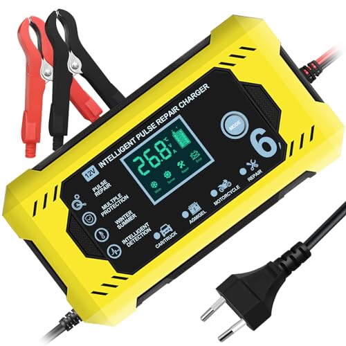 YOYOPOW Carregador de bateria 6A/12 V, carregador de bateria de carro com ecrã LCD inteligente, carregador de baterias carro e moto, para carregar e reparar baterias de chumbo-ácido.