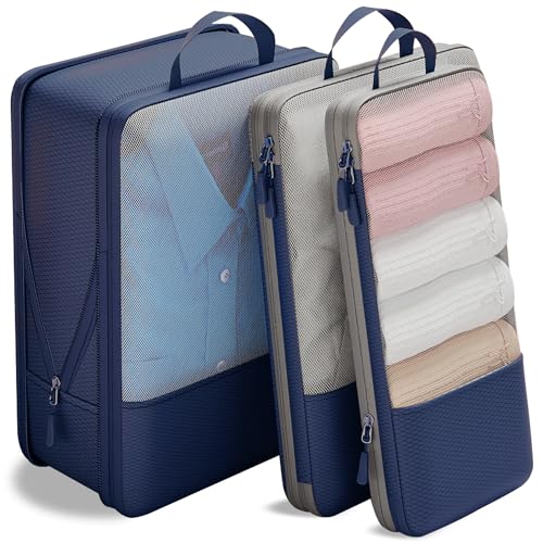 Veki Organizador de malas de 3 peças, organizador de bagagem de compressão expansível, malas para organizador, viagem para roupa, compressão pack cubos para mochila, mala (azul-marinho, 1 L + 1 m + 1