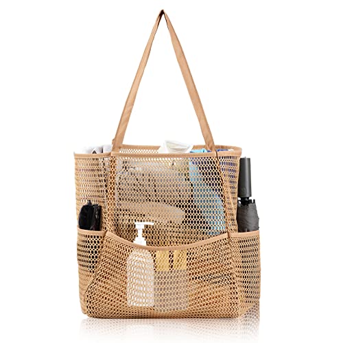 Tibroni Saco de praia de malha grande com bolso interior com fecho, bolsa de compras dobrável, mala de malha de praia, mala de ombro para mulher para praia, família, viagens, compras