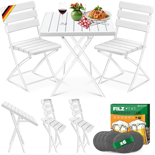 KESSER Conjunto de móveis de varanda de 3 peças com 2 cadeiras, resistente às intempéries e aos raios UV, conjunto de assentos dobráveis, aço revestido e aparência de madeira, conjunto de móveis de