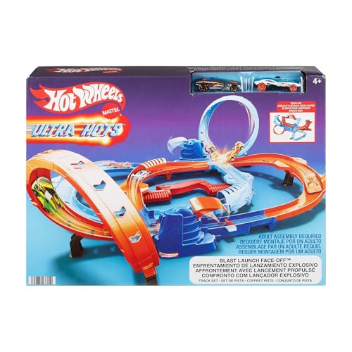 Hot Wheels Ultra Hots, conjunto de pista de corrida de brinquedo com 2 veículos em escala 1:64, com acrobacias e confrontos entre veículos e 2 lançadores ativados pelos mais pequenos, HXR71