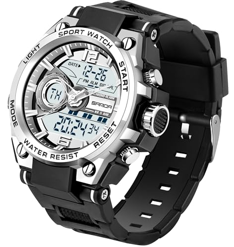 PINIDOUS Relógios homem relógios desporto digital homem, ecrã digital analógico relógios com alarme impermeável, cronómetro, campainha horária, relógios militares multifuncionais