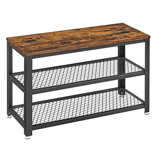 VASAGLE Banco de sapateira, sapato com banco, banco para sapatos, organizador com 2 prateleiras, 30 x 73 x 45 cm, para corredor, sala de estar, aço, estilo industrial, castanho rústico e preto LBS73X