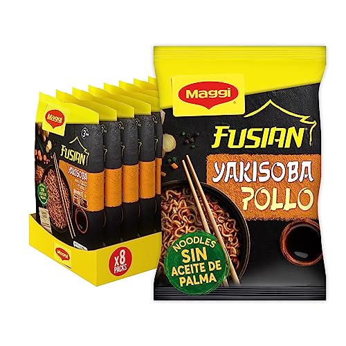 MAGGI Fusian Yakisoba Frango - Noodles de trigo com molho, verduras desidratadas e condimento sabor a galinha. Embalagem de 8 x 120 g