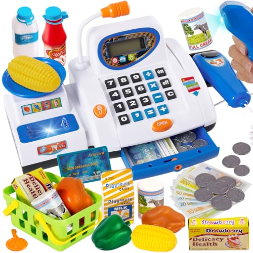 HERSITY Caixa registadora brinquedos grandes para crianças com scanner, microfone de som e luz, brincar com comida brinquedos de supermercado, conjunto de rolos presente para meninas meninos 3 4 5