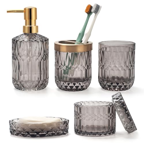 Conjunto de 5 acessórios de casa de banho de cristal cinzento dispensador de loção, saboneteira, suporte para escova de dentes, copo, frascos de hissopo de algodão, decoração moderna de casa de banho,
