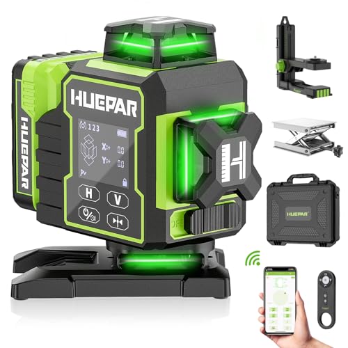 Huepar 2024 Nova edição W04CG nível laser 4D, nível laser com ecrã LCD com base de motor giratória, laser de linha cruzada auto-nivelante de 360° - controlo remoto Bluetooth, modo de pulso