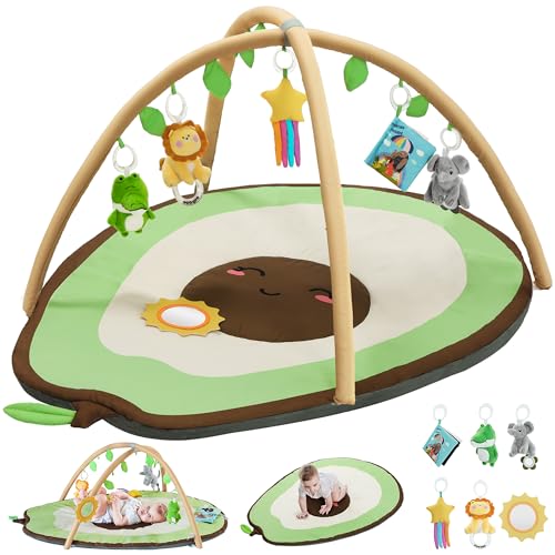 Ginásio de jogos para bebé com 6 brinquedos removíveis, manta jogos bebé com arco de jogo, elementos essenciais laváveis para bebés, antiderrapante tapete de gatear (0-18 meses)