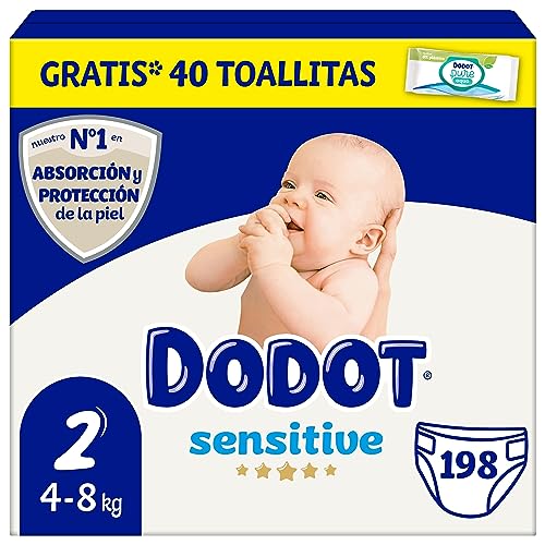 Dodot Fraldas de bebé sensível, tamanho 2 (4 - 8 kg), 198 fraldas presente de 40 toalhetes Aqua Pure de 99% água, até 12 h de proteção contra fugas e cuidados com a pele, pack mensal