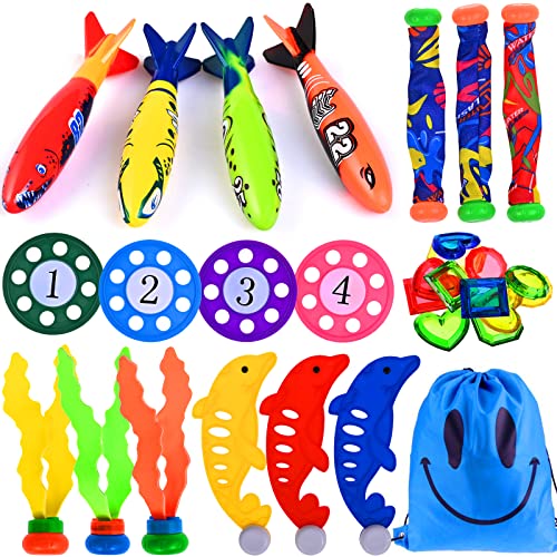 Faburo 28 peças Brinquedo de piscina, brinquedos de mergulho de verão, jogos de água para crianças em piscinas, praias, desportos, turismo, compras ou outras atividades de excursão, conjunto de treino