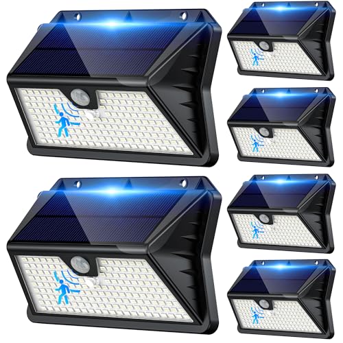 Giliwosy Luz solar exterior, 6 pacotes/3 modos: luzes solares com sensor de jardim de movimento, 185 LED, holofotes LED exteriores solares IP65, impermeável para jardim, garagem, pátio, portas (branco