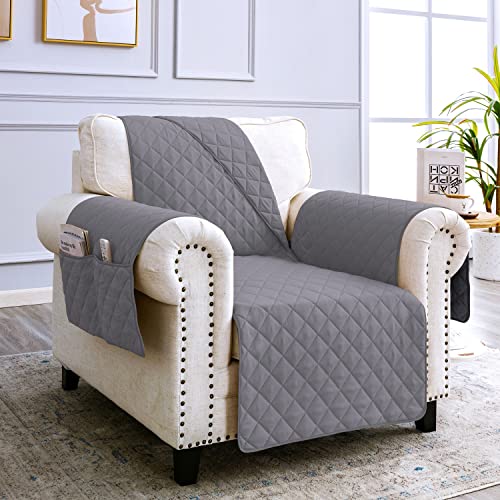 Capa para sofá de 1 lugar, impermeável e antiderrapante, com bolsos, cobertura de poltrona ourelheiro/Relax reversível, anti-riscos para animais de estimação, Oeko-Tex, lavável - cinzento