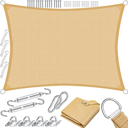 KESSER® Vela de sombra proteção solar corta-vento incluída, material de montagem com ilhoses, tecido HDPE, resistente à água, vento e rasgão, costurado 5 vezes, 4 x 6 m, retângulo, areia